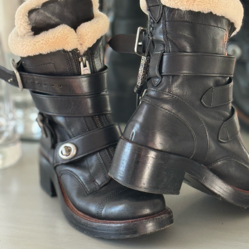 Coach Black Leather Moto Boots with Cream Lining